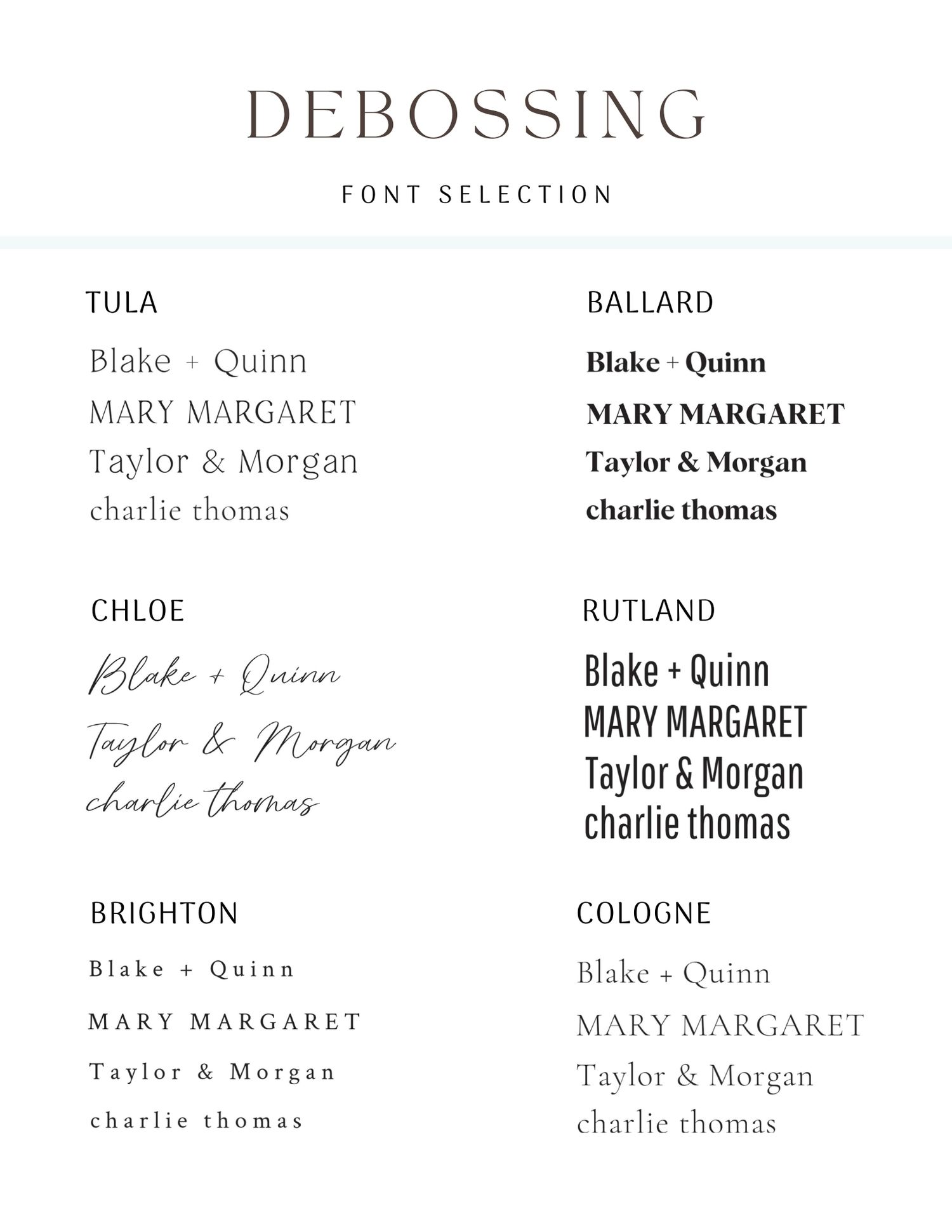 Font selection guide for debossing showing six styles: Tula, Chloe, Brighton, Ballard, Rutland, and Cologne.