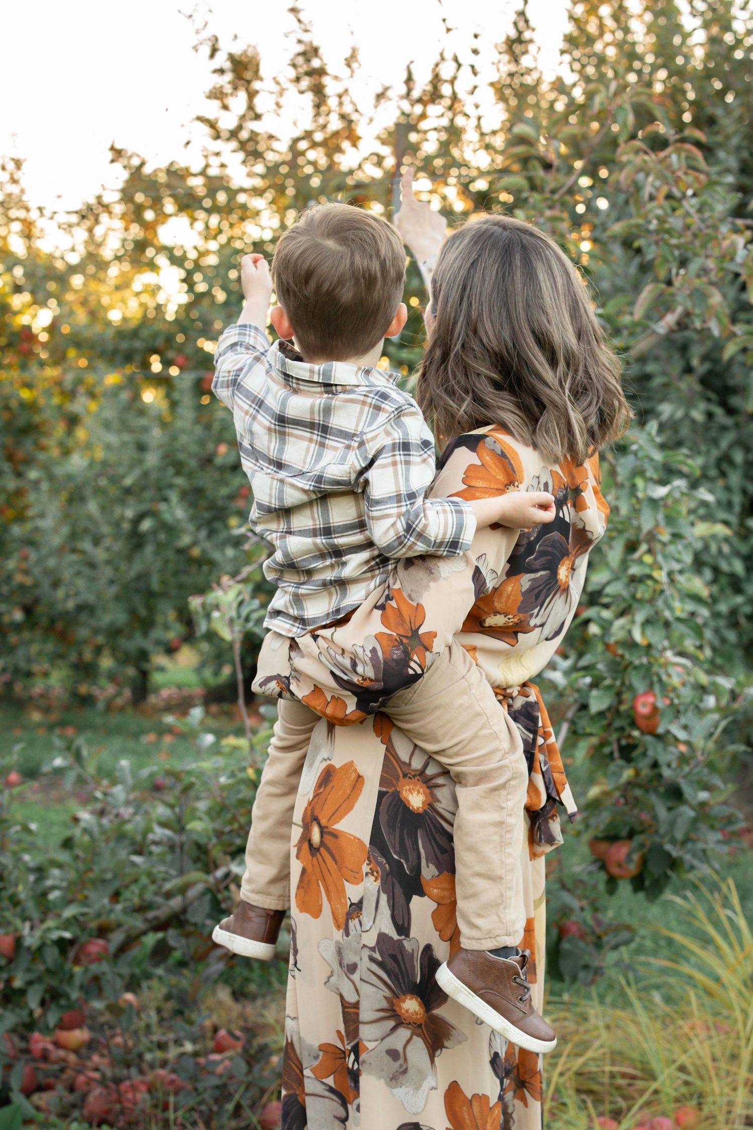 Mother in floral dress holds young boy picking apples in an orchard during golden hour.