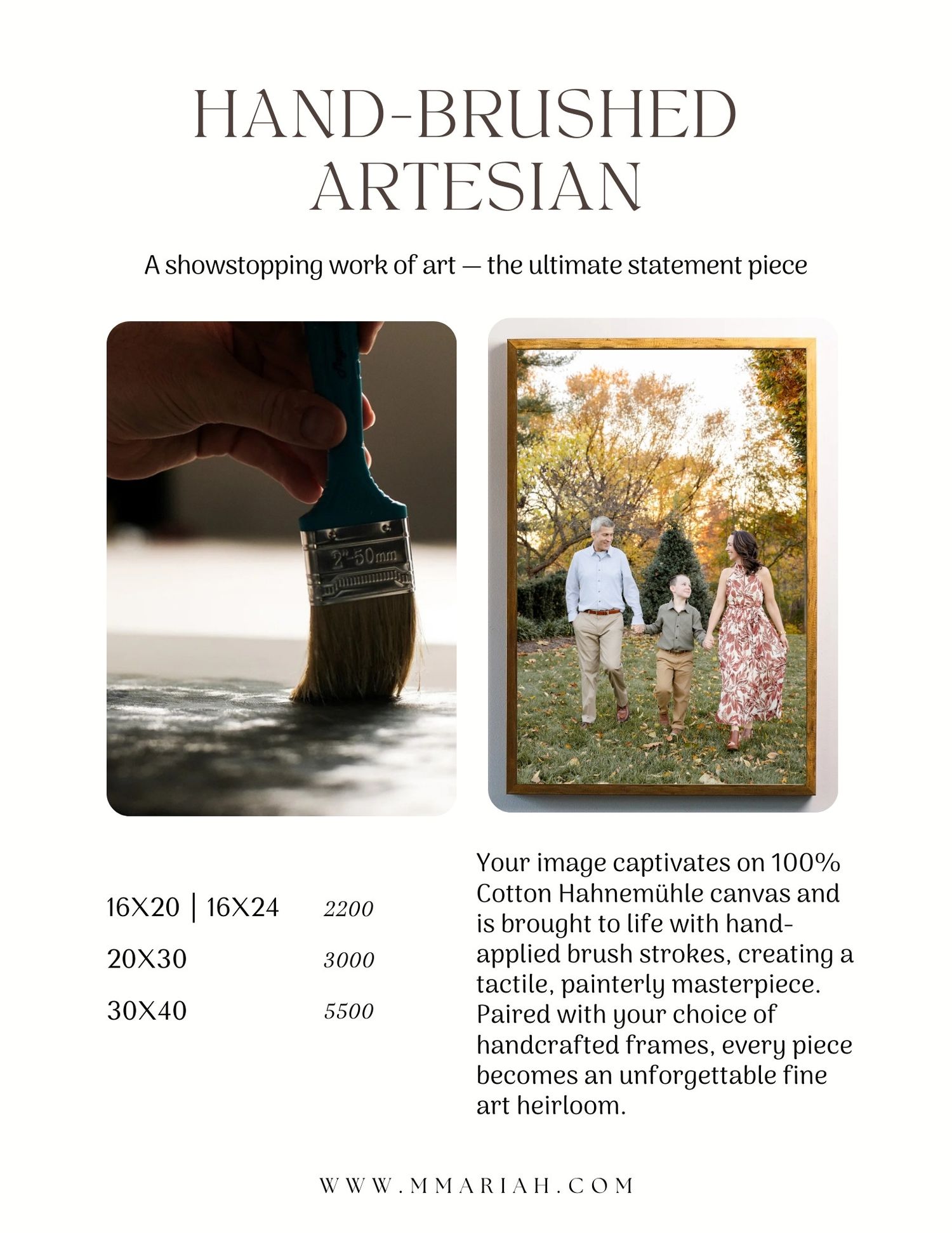 Hand-brushed artesian photography collection featuring fine art prints and sizing options.