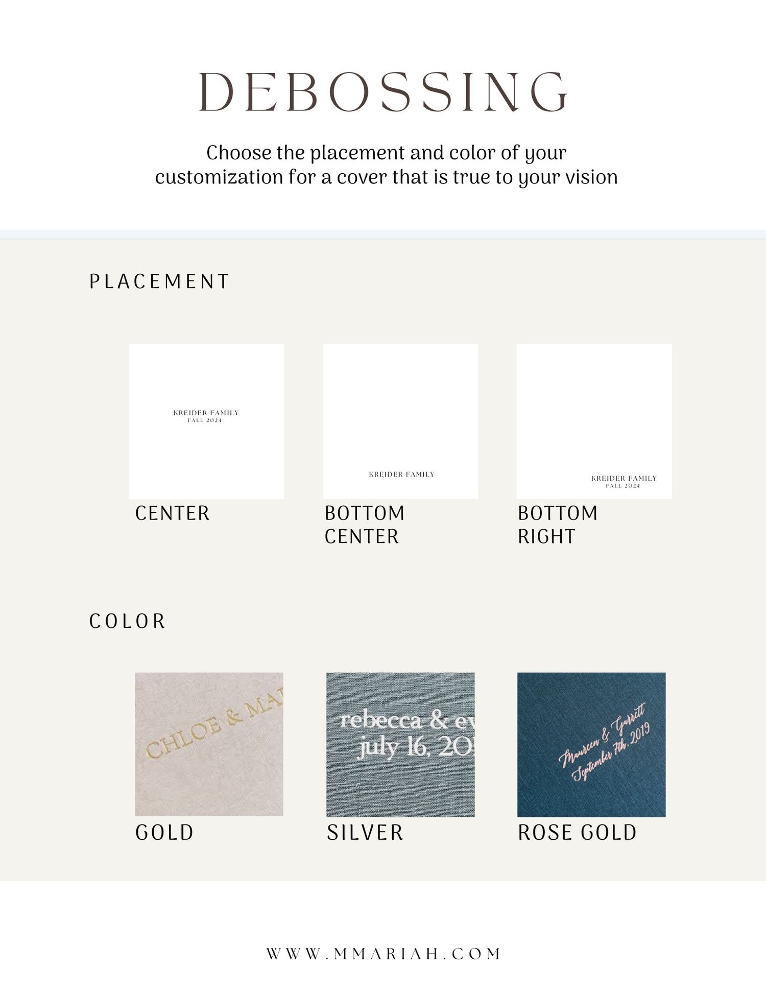 Debossing options showcase with color choices in gold, silver, and rose gold.