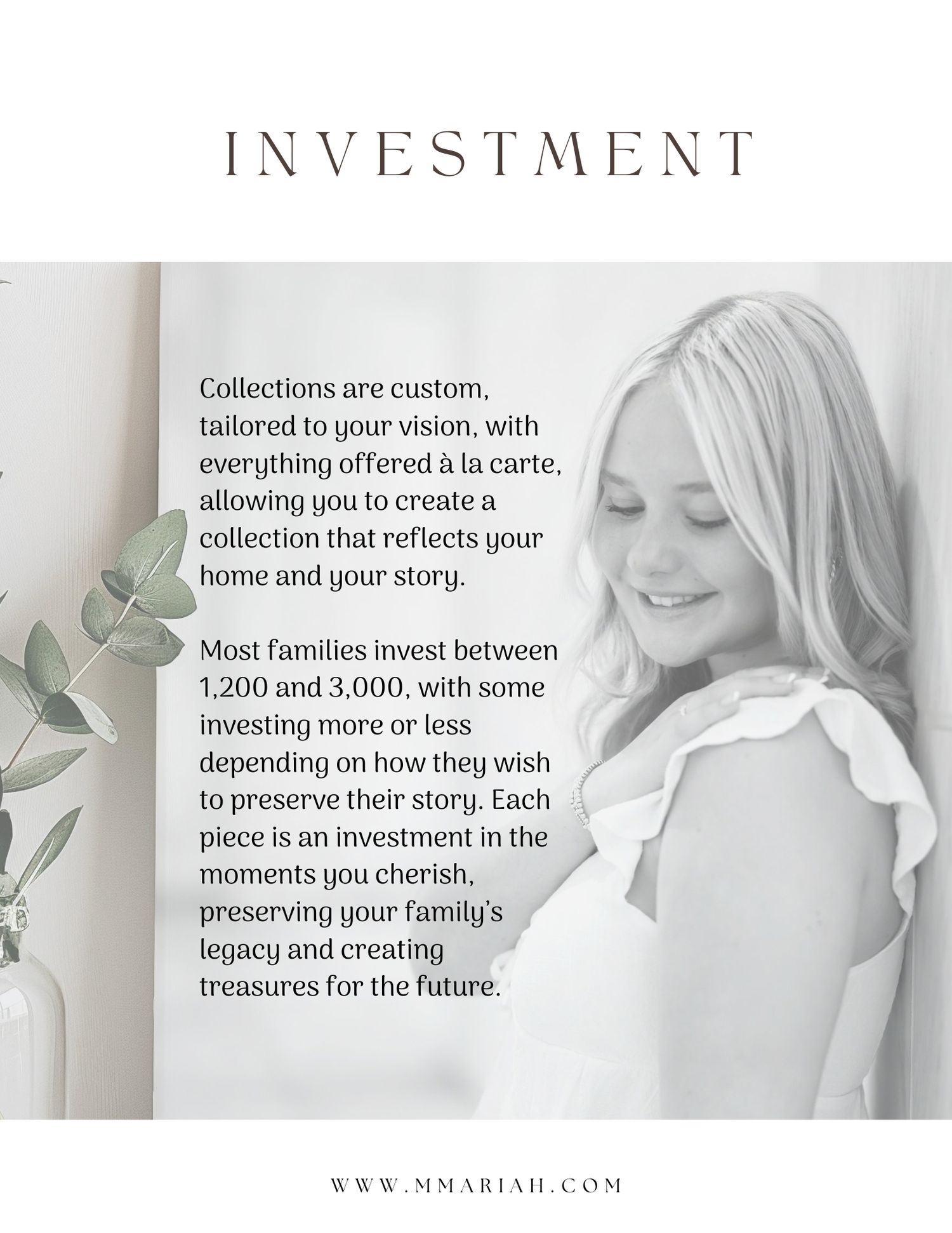 A photography investment guide featuring a smiling child, with pricing details ranging from $1,200 to $3,000 for custom collections.