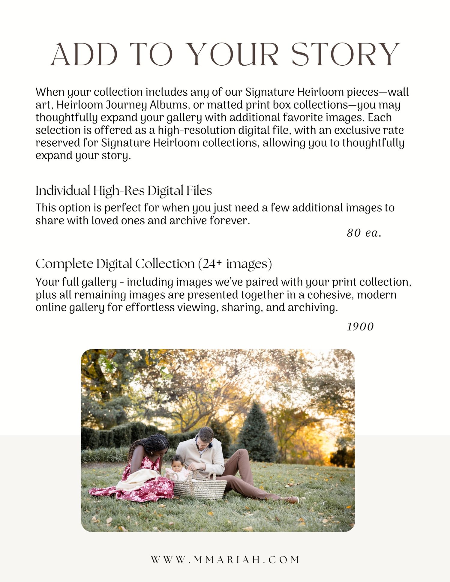 Photographer pricing guide for digital files and complete collections, featuring a couple in a sunny outdoor portrait session.