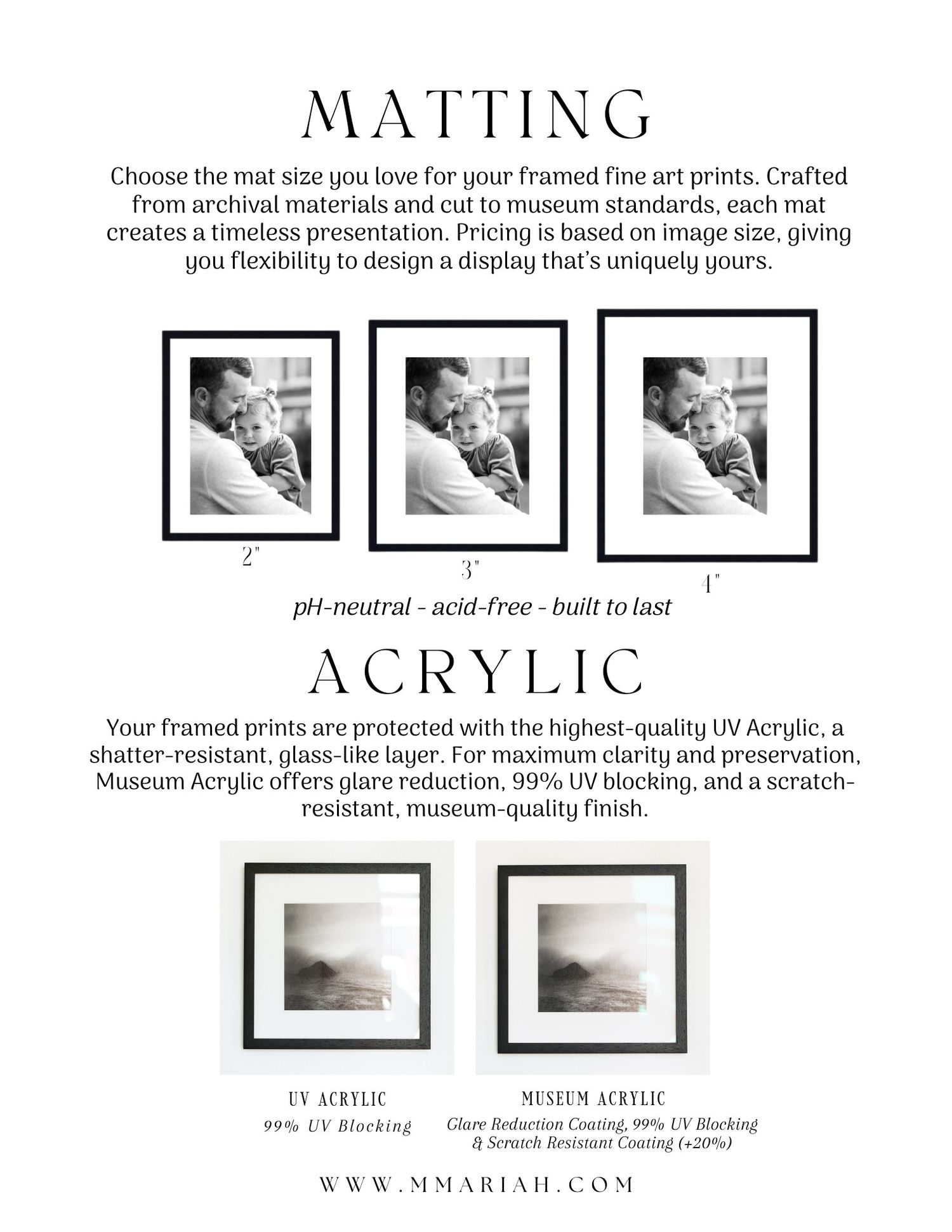 Professional matting and acrylic frame options with product specifications.