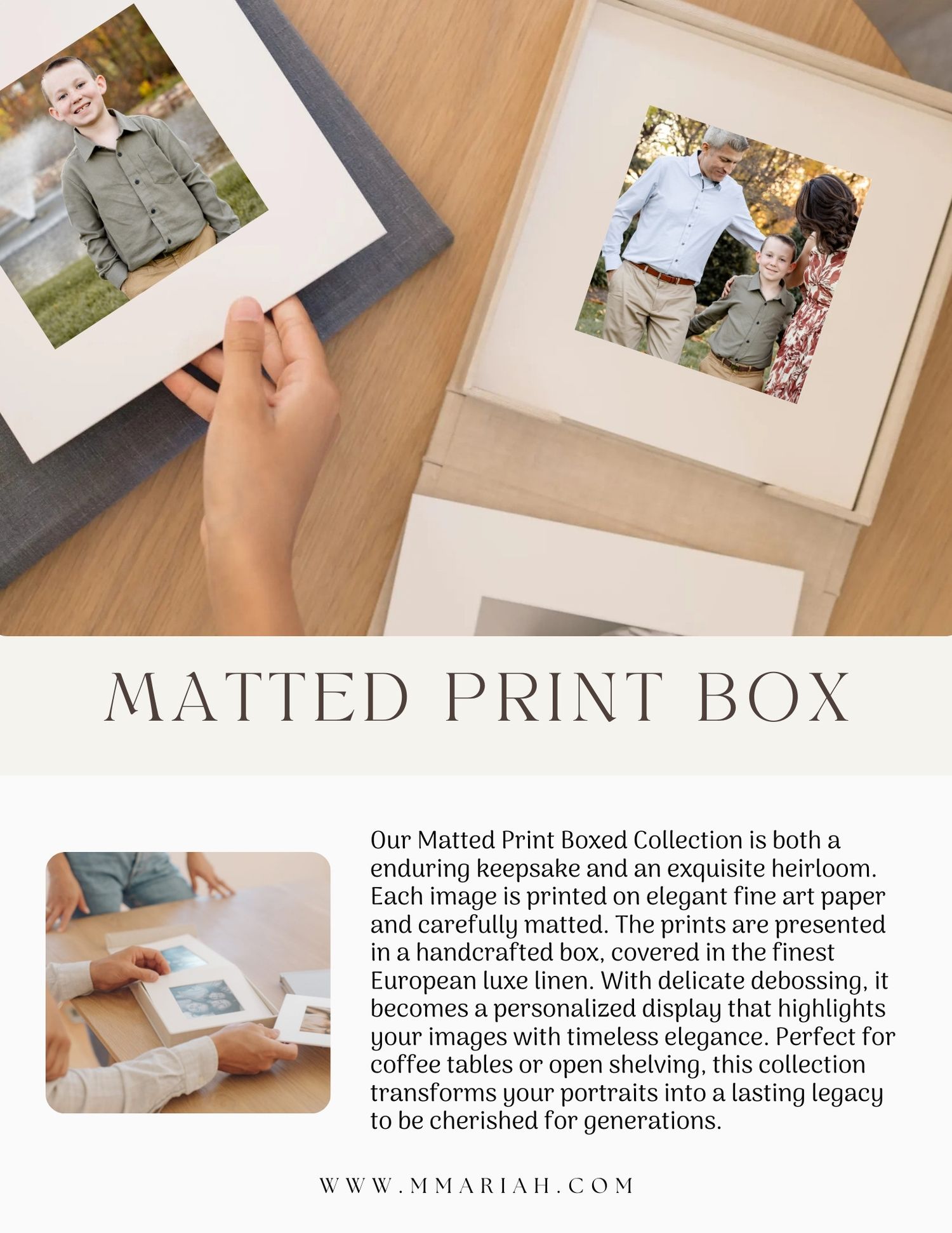 Product photography of a matted print box collection showing elegant photo prints and presentation materials.