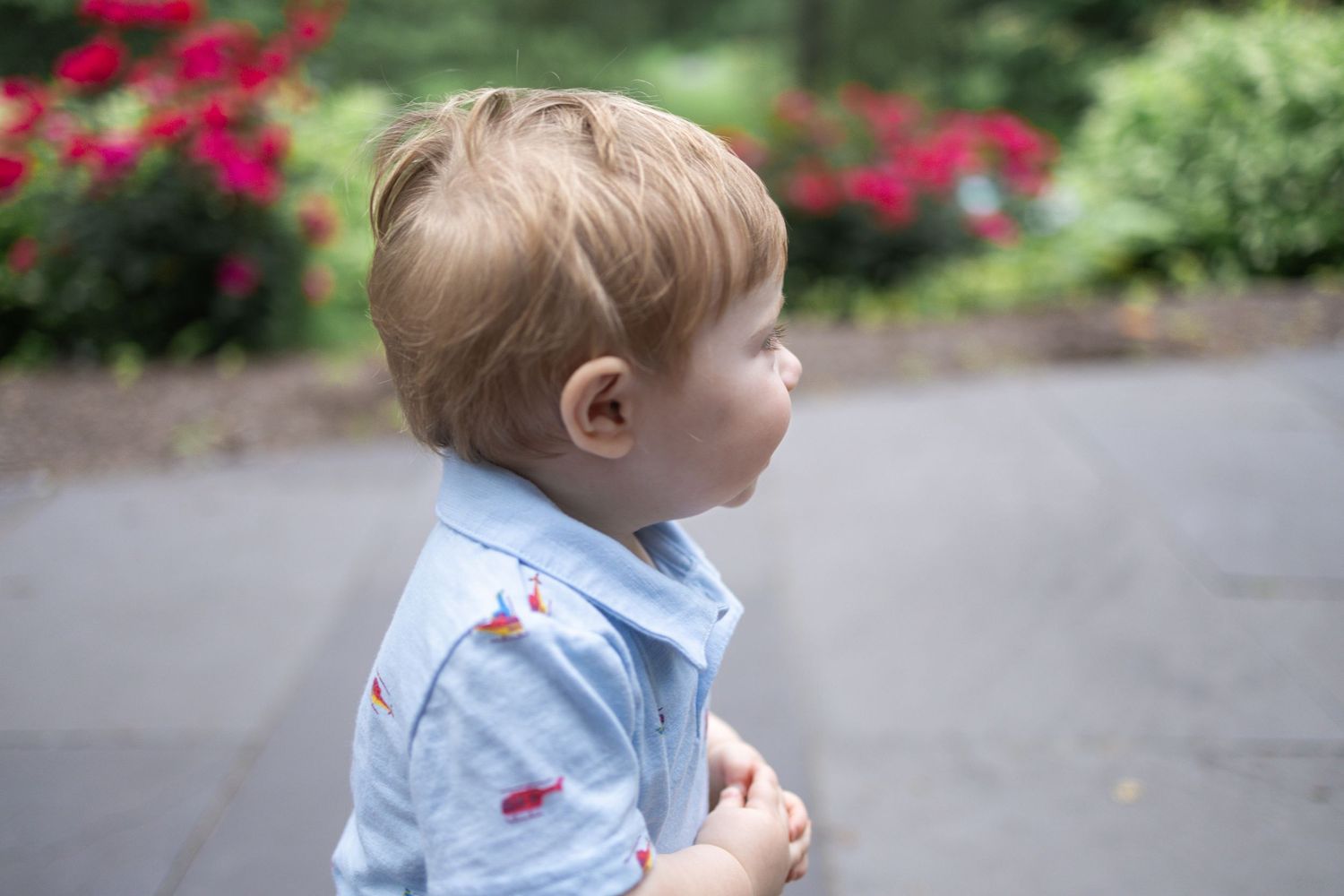 Toddler in blue polo shirt smiles at Donegal Presbyterian Church in Mount Joy, PA during family session with Lancaster, PA photographer.