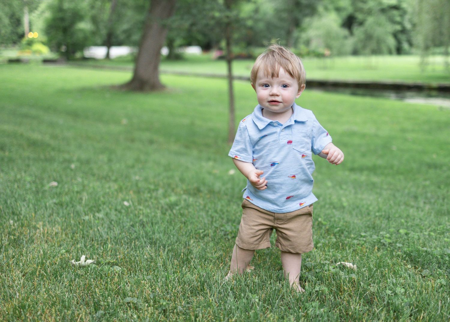 Lush green grass surrounds a barefoot toddler in khaki shorts and a blue shirt during a Lancaster, PA family photo session in Mount Joy.