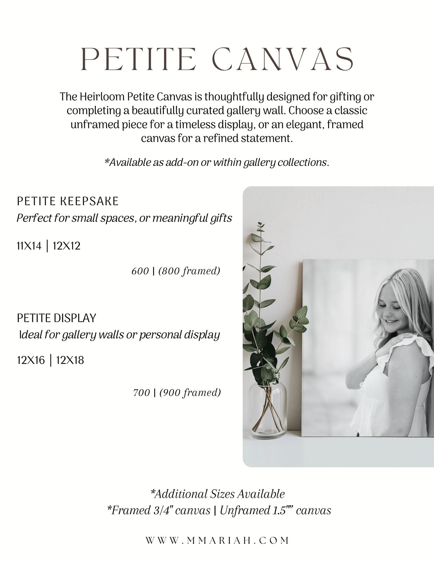 Product page showing petite canvas print options and sizes for gallery wall displays.