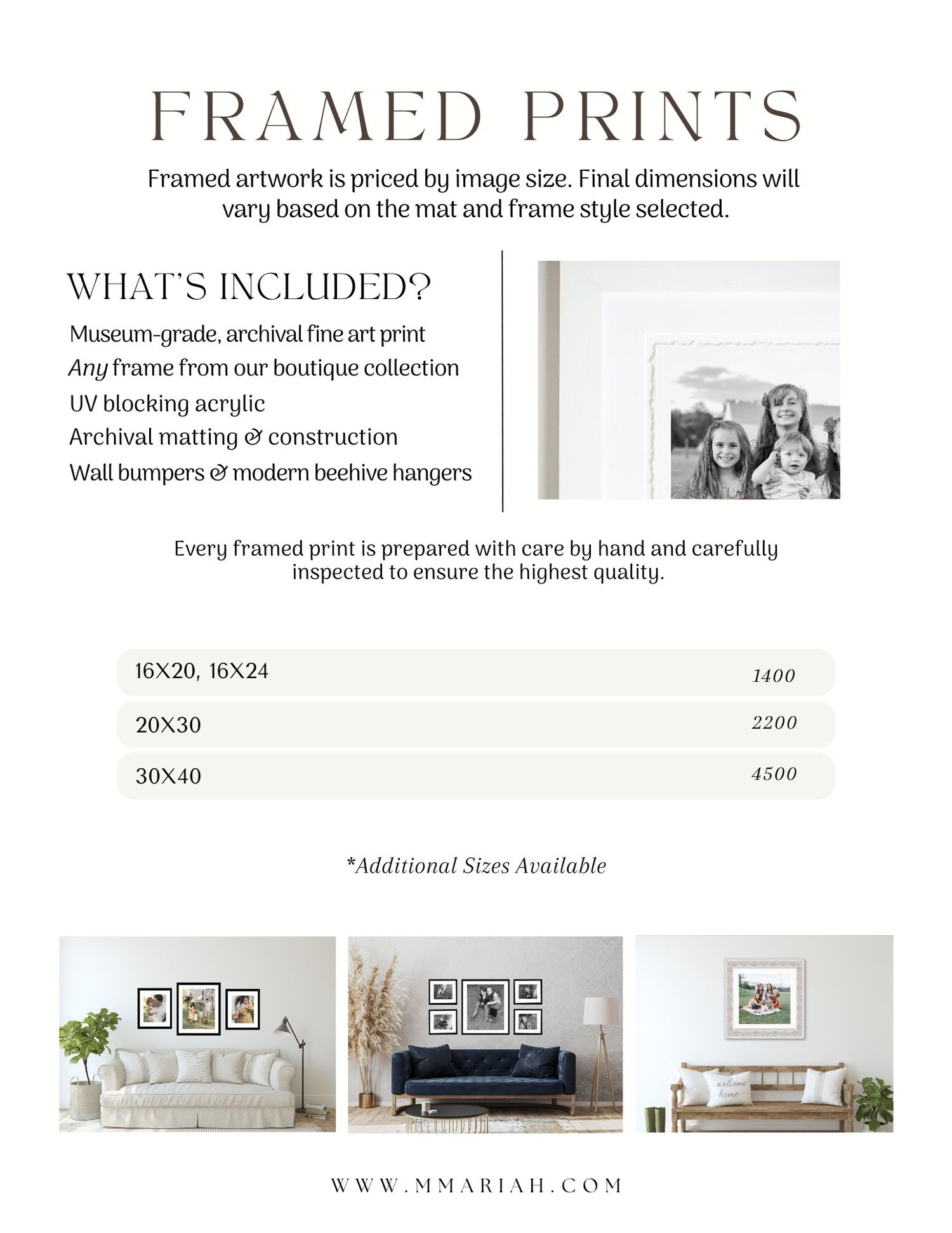 Framed prints pricing guide showing various size options and room styling examples.