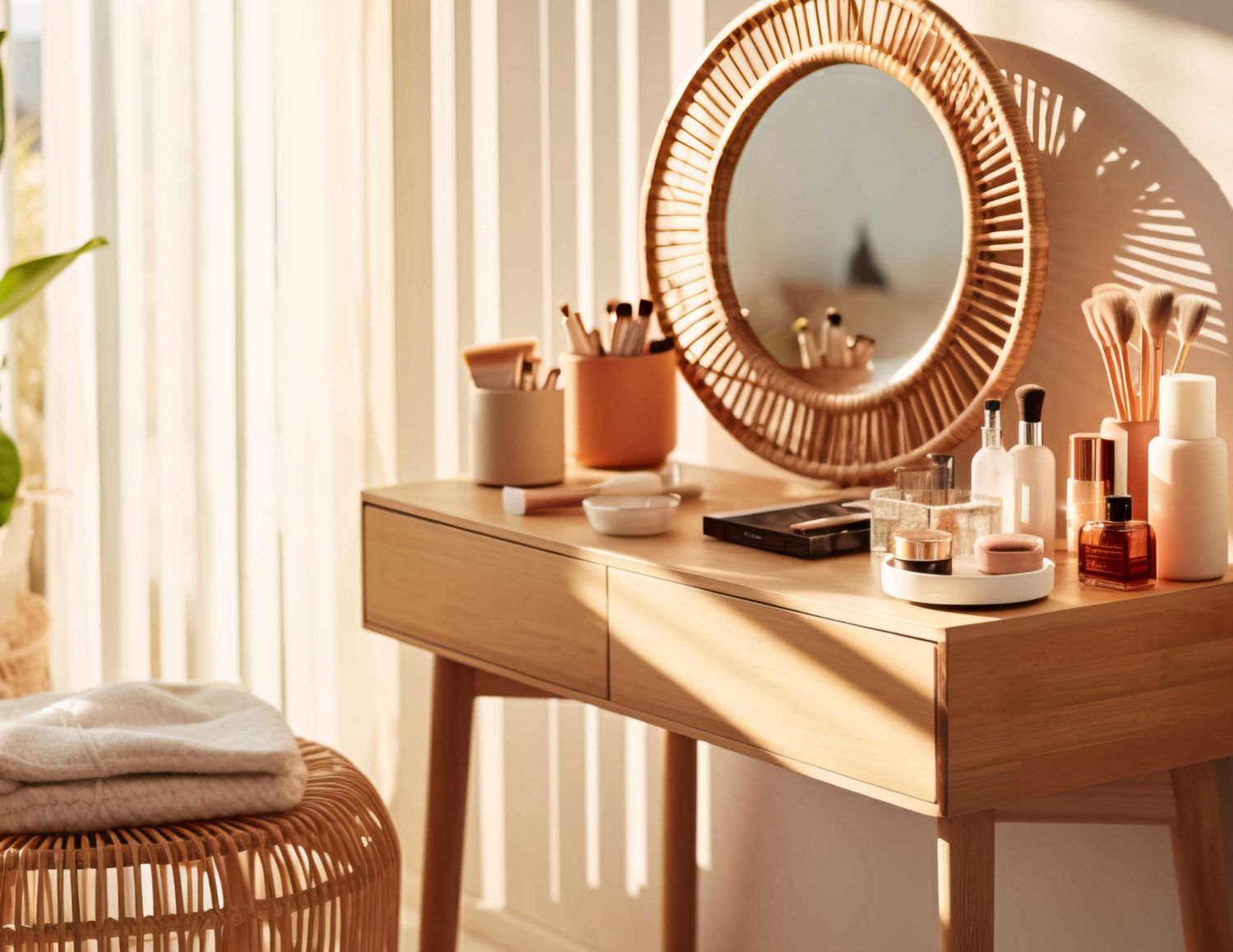 Wooden vanity table with round rattan mirror, makeup brushes, skincare products, and wicker stool in warm sunlit room.