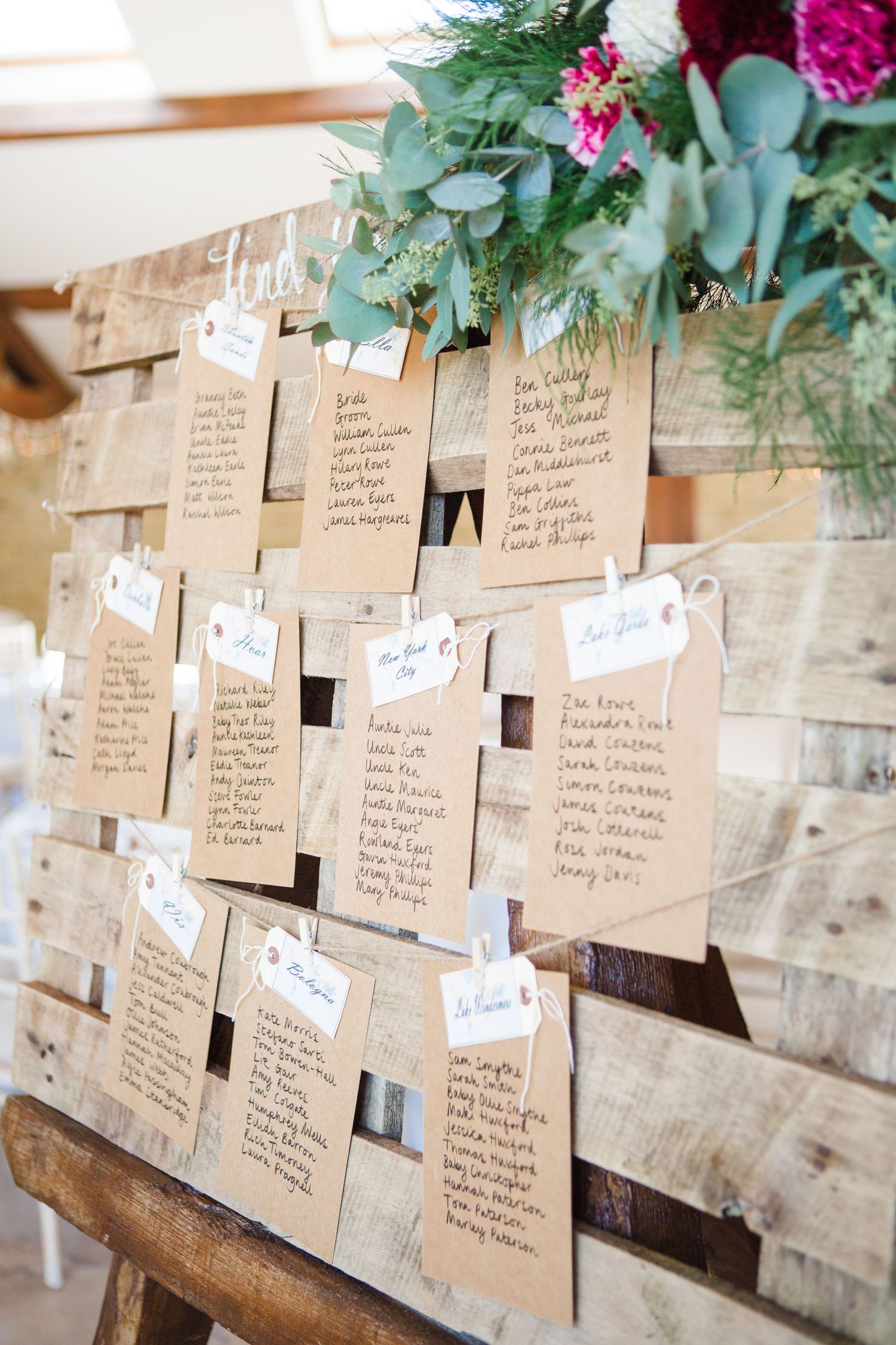 Wedding seating chart made from brown kraft paper cards pinned to rustic wooden pallet with floral decor on top at the Farm at South Cove.