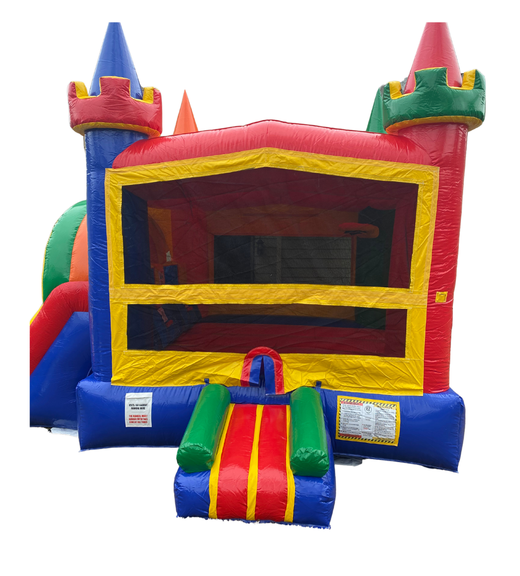 Colorful inflatable bounce house with castle towers and front steps in red, blue, and yellow design.
