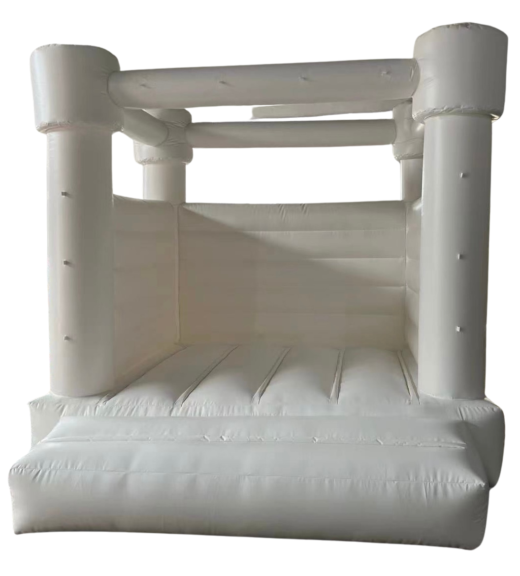All-white inflatable bounce house with pillars and simple rectangular design.