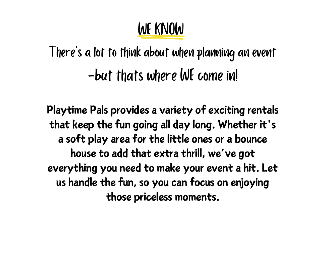 Advertisement copy for Playtime Pals event rentals highlighting their services and customer experience.