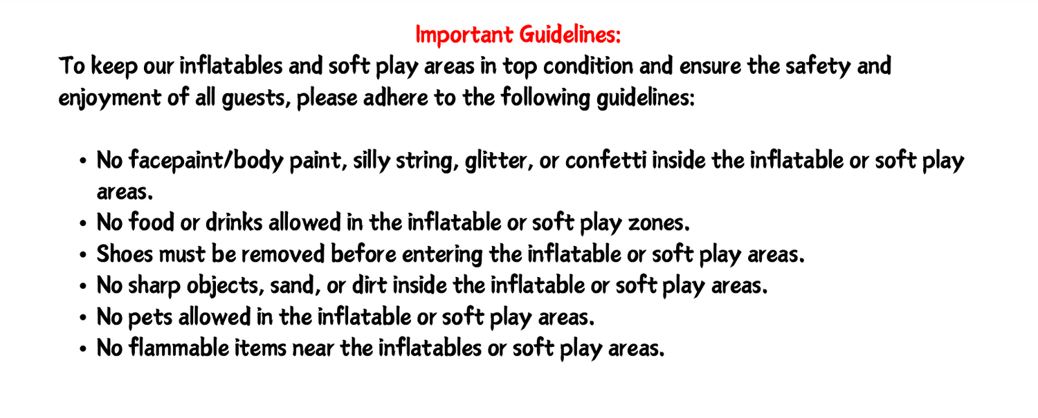 Important safety guidelines for inflatable play areas listed in black text on white background.