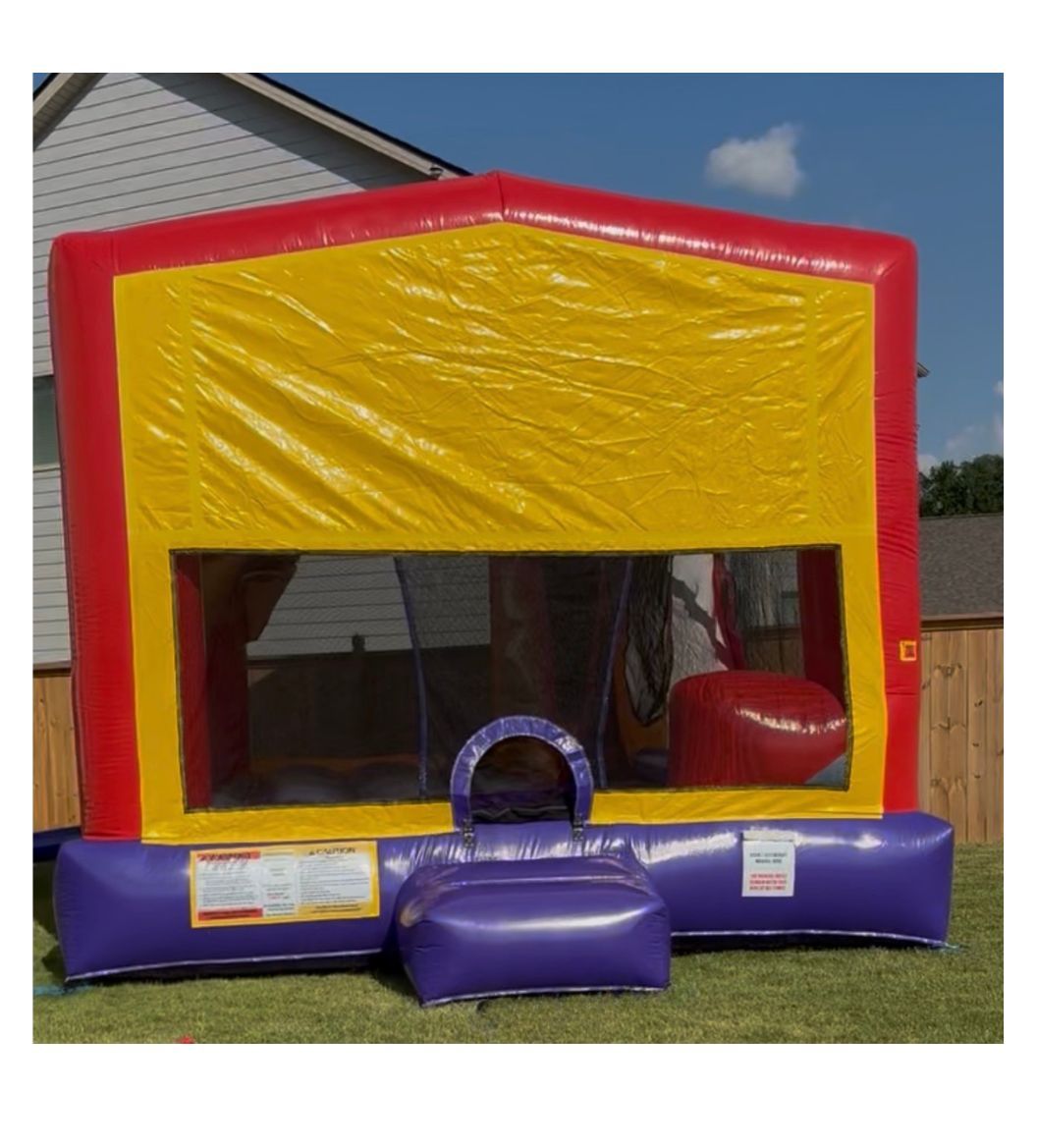 A large red and yellow inflatable bounce house with purple trim shown from multiple angles in an outdoor setting.