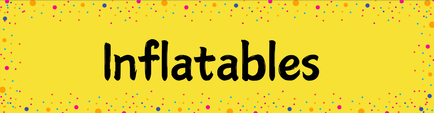Yellow banner with scattered red dots showing 'Inflatables' text in black font.