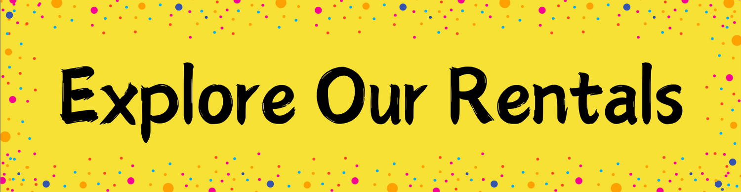 Yellow banner with colorful dots displaying text 'Explore Our Rentals'.