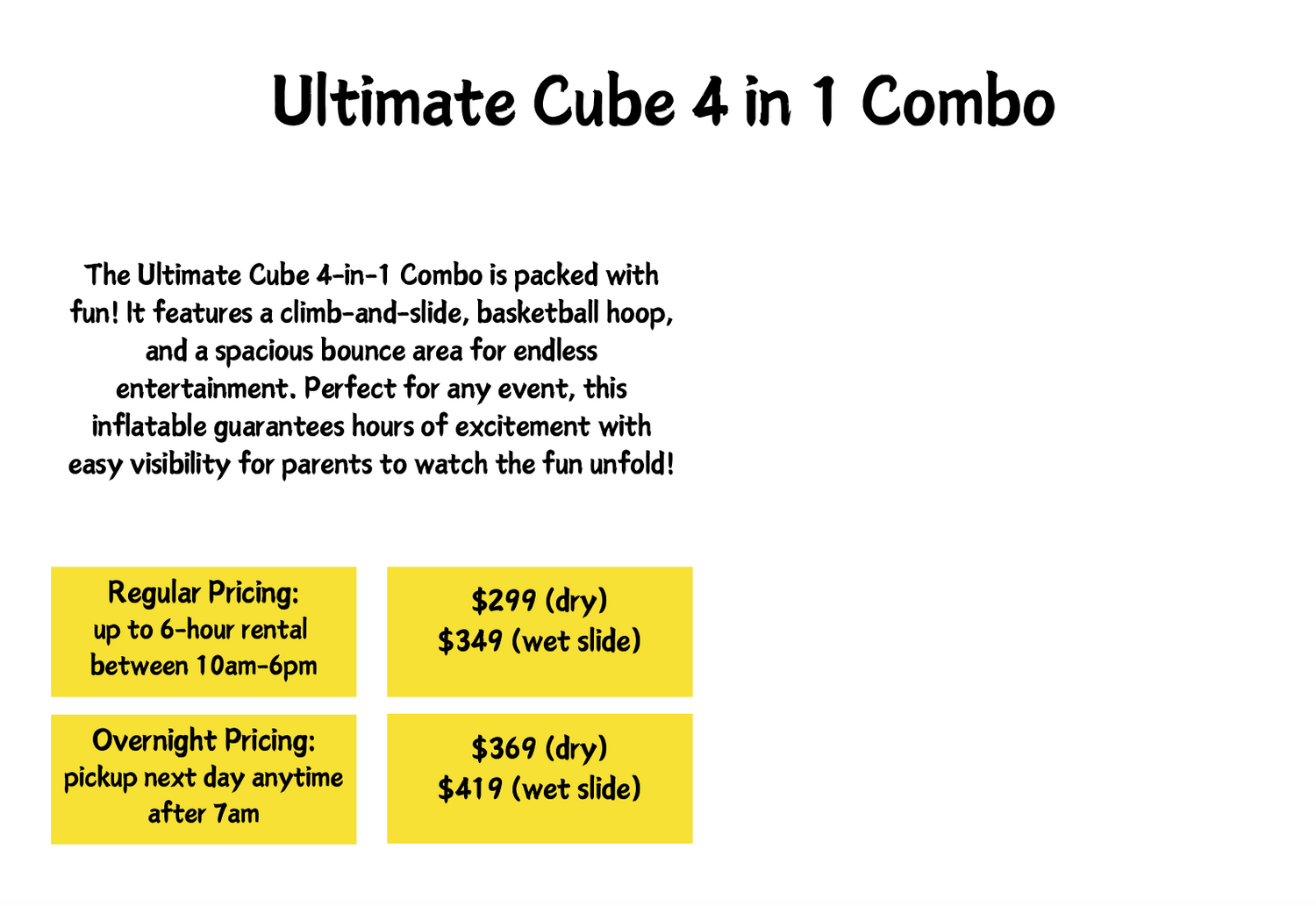Pricing chart for Ultimate Cube 4-in-1 Combo showing rental rates and overnight options.