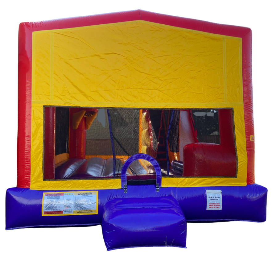 Basic yellow and red bounce house with mesh windows and blue base platform.