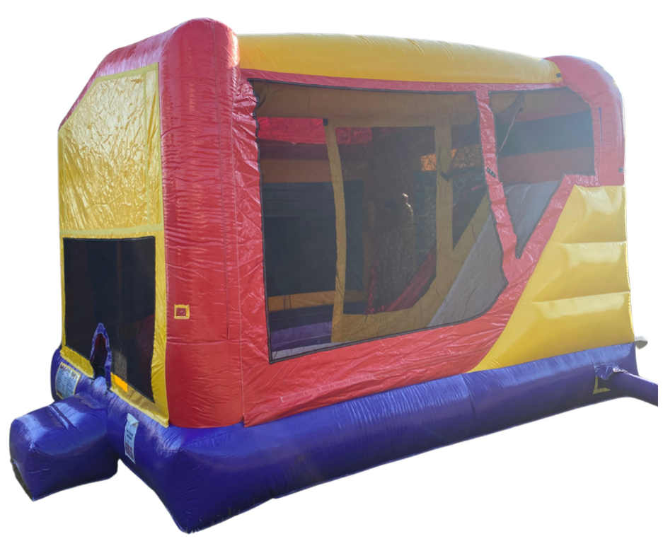 Indoor/outdoor bounce house with red and yellow walls and blue inflatable base.