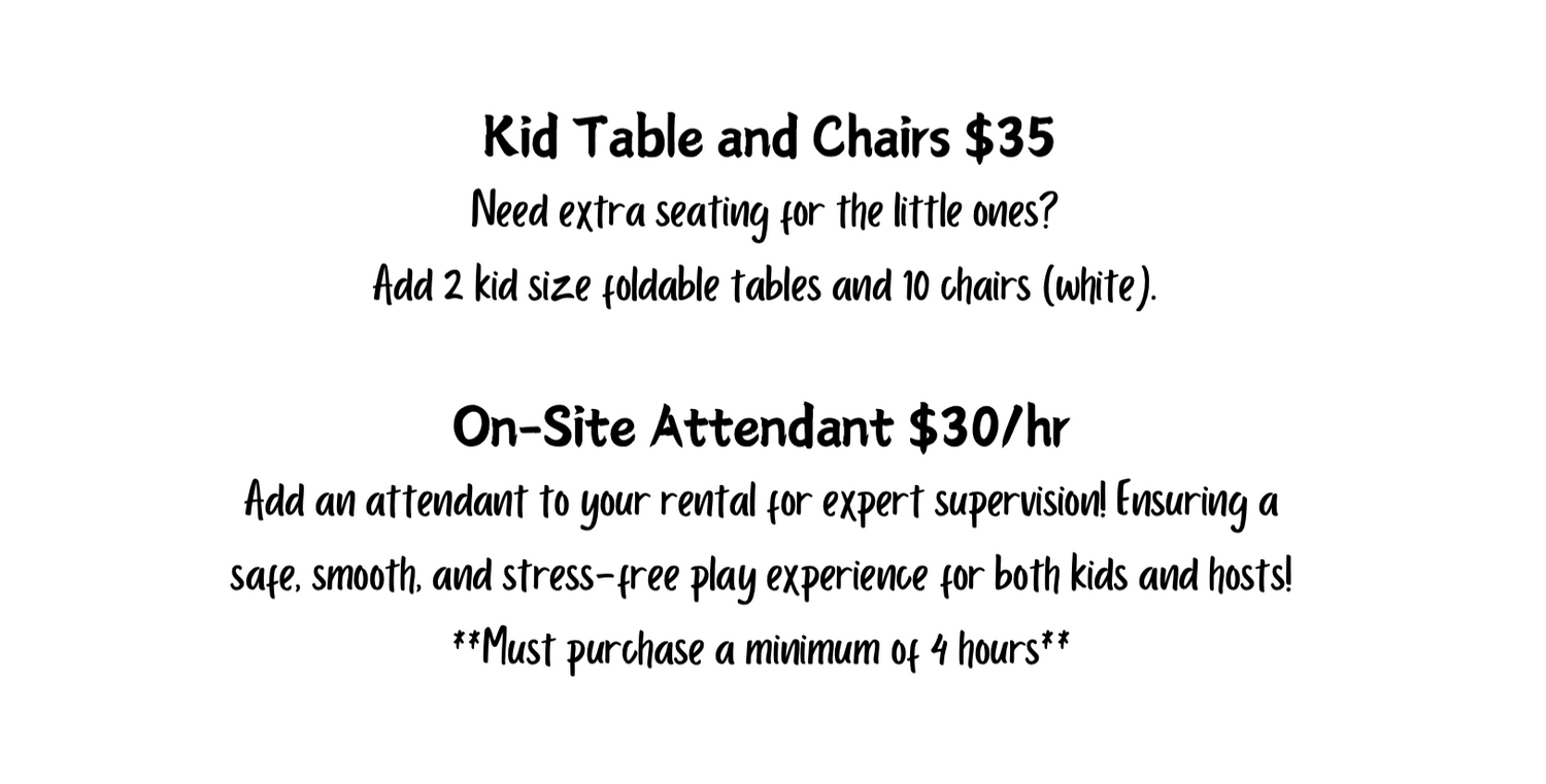 Kid's party rental pricing for tables, chairs and attendant services with additional setup options.