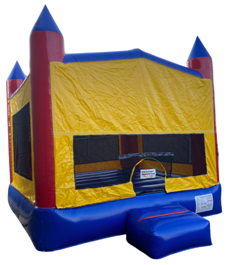 Classic bounce house with blue base, yellow walls, and red castle turrets featuring a front entrance.