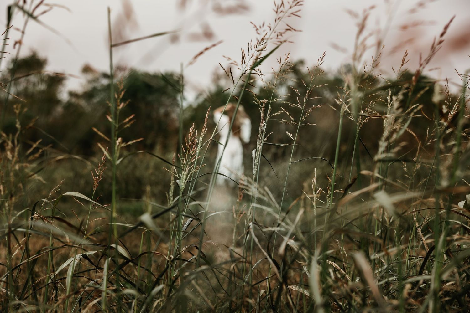 Dreamy silhouette figure standing in tall grassy field with soft moody lighting at sunset.
