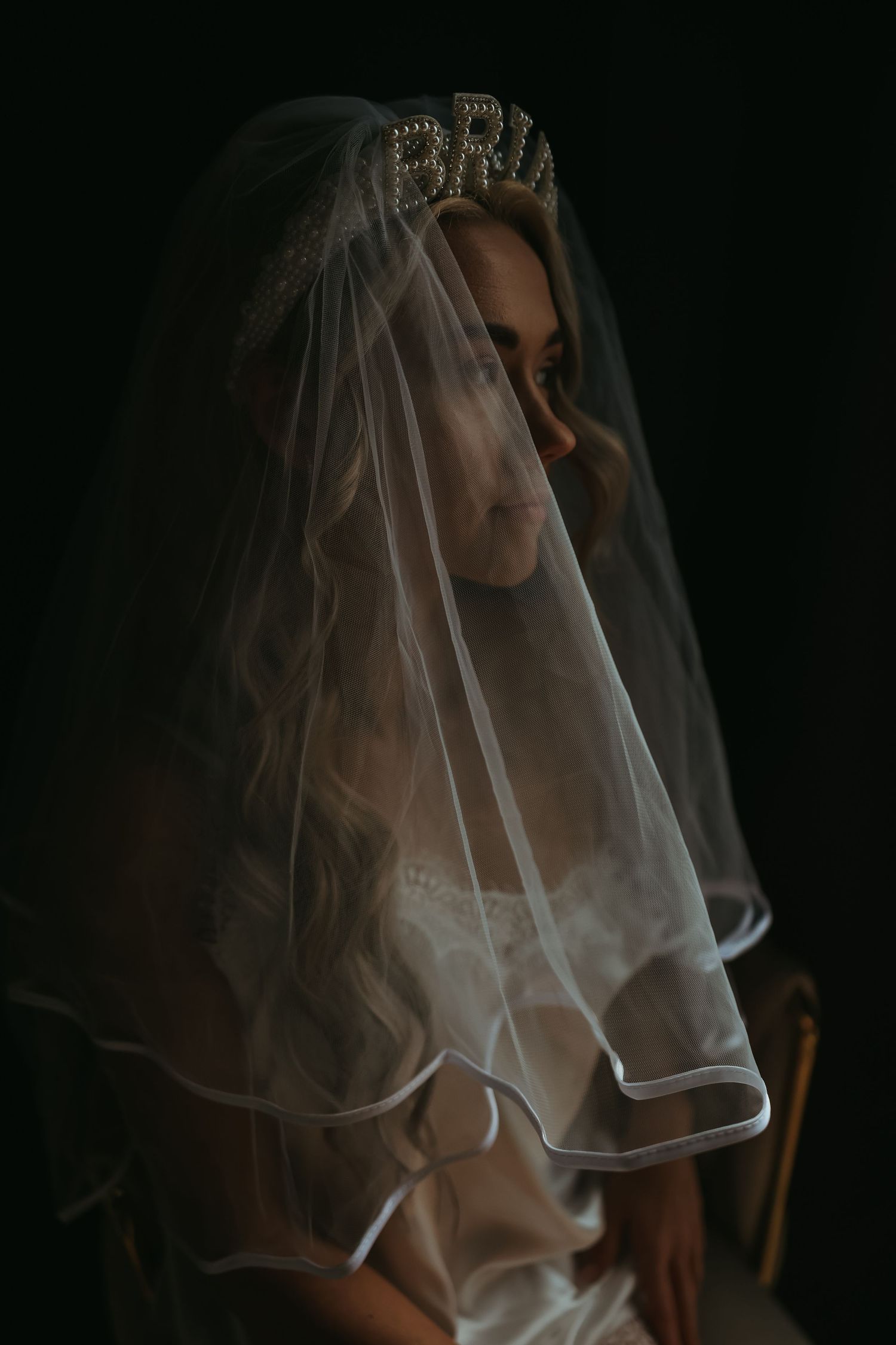 A dramatic bridal portrait shows a delicate veil and crown silhouetted against a dark background in moody lighting.