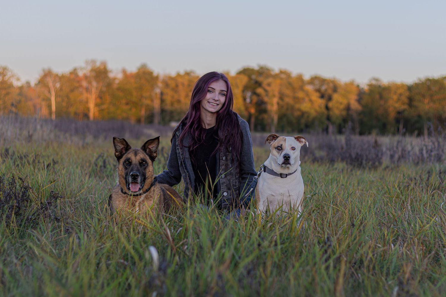 Smiling young woman kneels in a grassy field at sunset with a German Shepherd and a Bulldog.