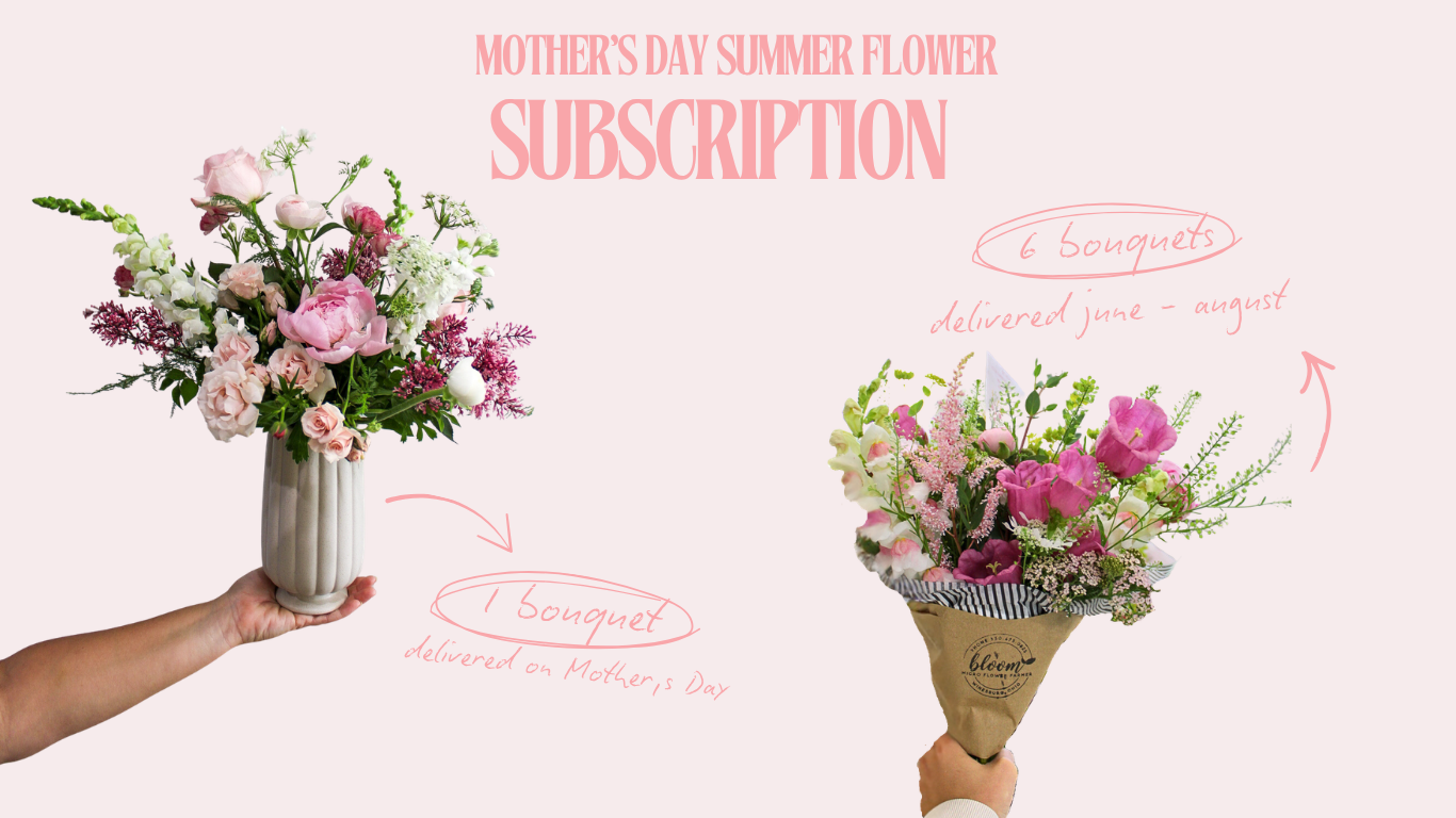 Pink floral Mother's Day summer flower subscription banner featuring two bouquets of roses and mixed blooms on a soft pink background.