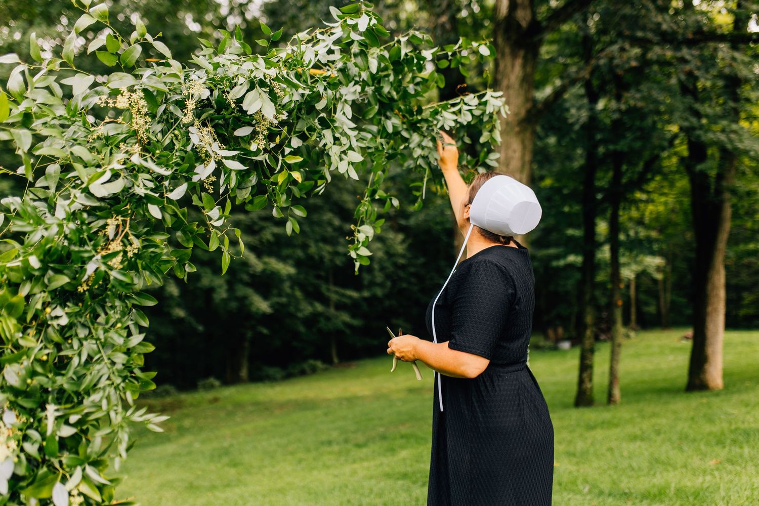 Person in dark clothing reaching up to pick apples from a tree branch in summer garden.
