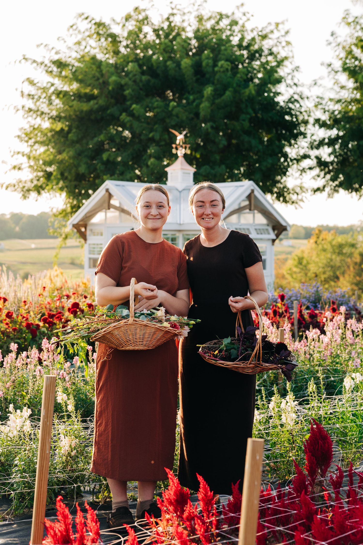 Flower garden scene with gardeners harvesting blooms at sunset.