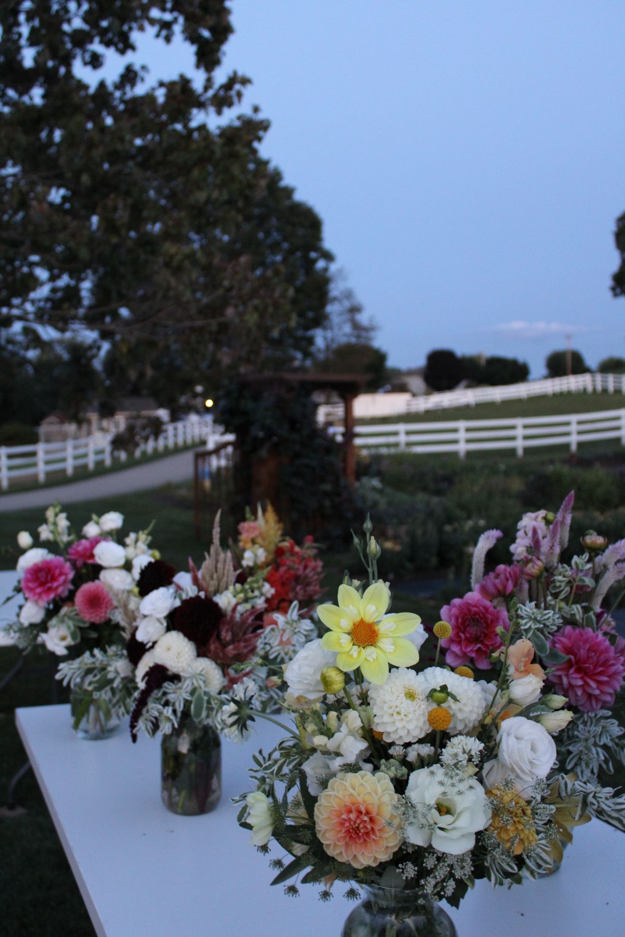 Beautiful floral arrangements on a white table with white fence and countryside in the background during dusk.