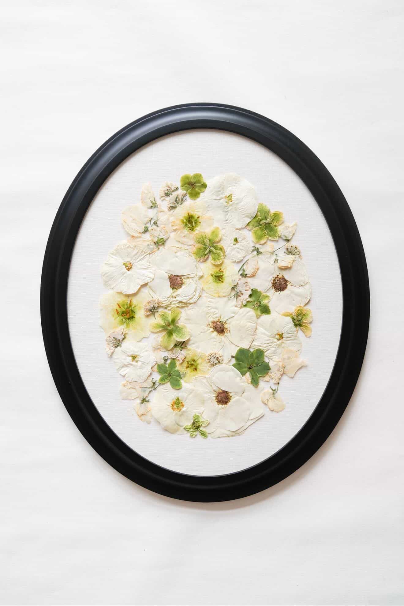 Pressed white flowers arranged in an oval black frame, creating elegant botanical wall art on white background.