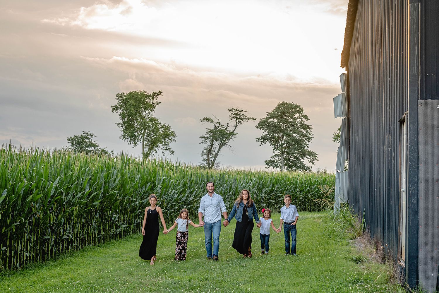 Family outdoor photoshoot in Pembroke, Kentucky.  Photos in a cornfield.  Family photos with barn. Sunset photoshoot.