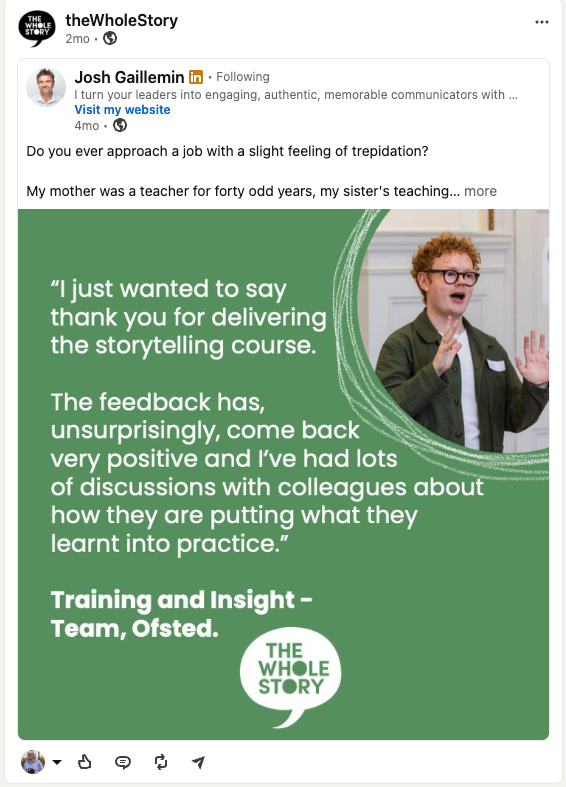 LinkedIn post by The Whole Story featuring a testimonial quote from Ofsted Training and Insight Team praising a storytelling course.