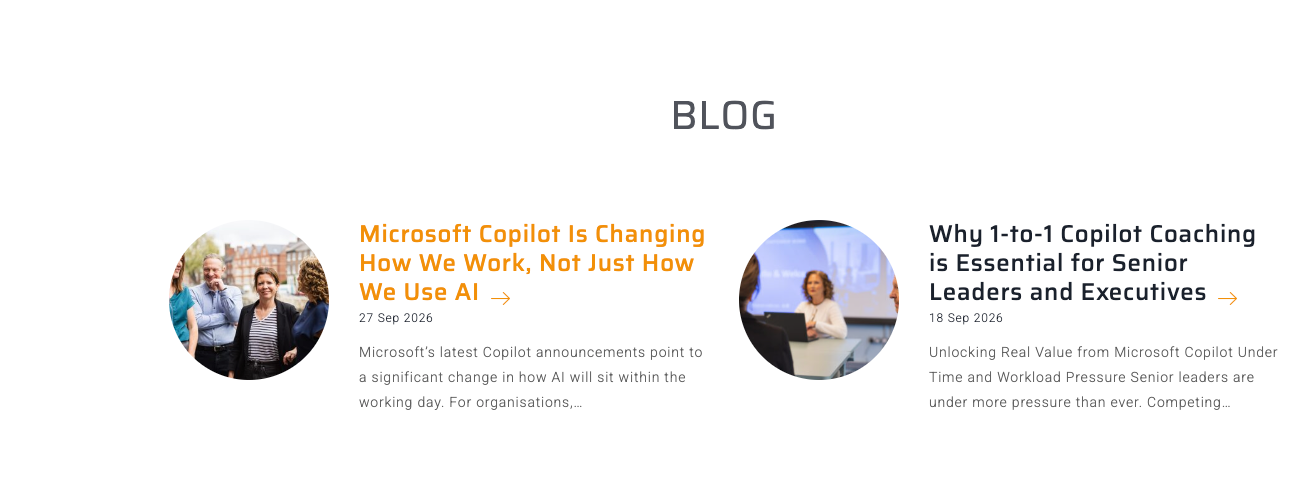 A blog page featuring two articles about Microsoft Copilot AI coaching for business leaders and workplace productivity.