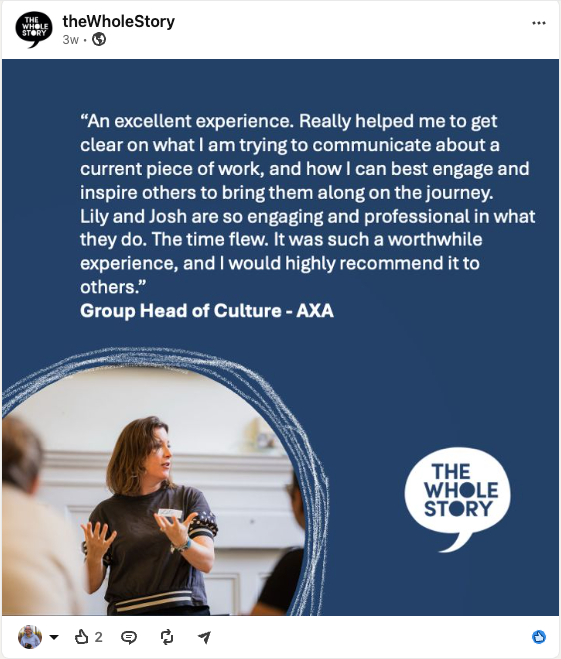 A testimonial post from The Whole Story featuring a woman presenting, with a positive quote from a Group Head of Culture at AXA.