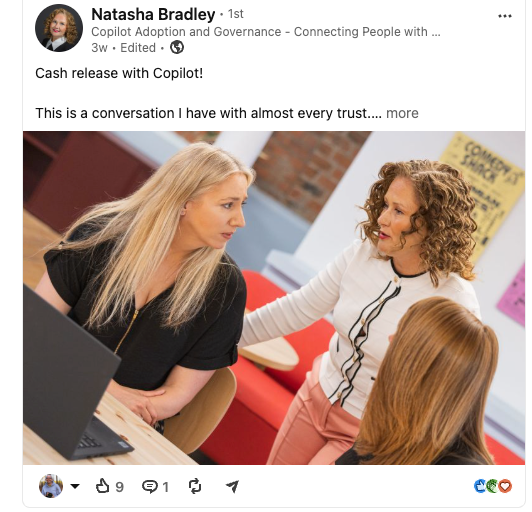 Three professional women collaborate around a laptop in a modern office, discussing Microsoft Copilot adoption strategies.
