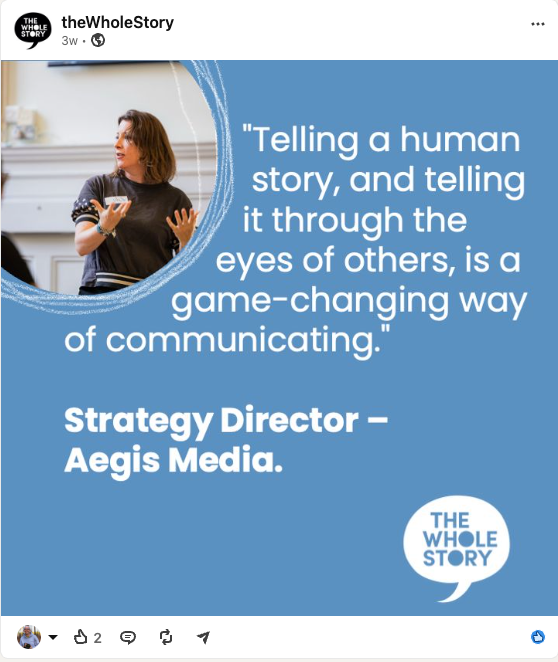 Blue graphic with quote on human storytelling by Strategy Director at Aegis Media, featuring The Whole Story logo.