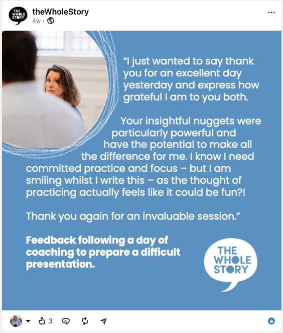 Positive client feedback testimonial for The Whole Story coaching service on a blue background with a woman's photo.