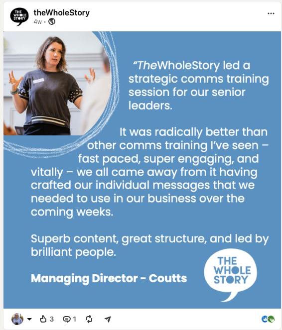 A testimonial graphic from TheWholeStory featuring a Managing Director from Coutts praising a strategic communications training session.