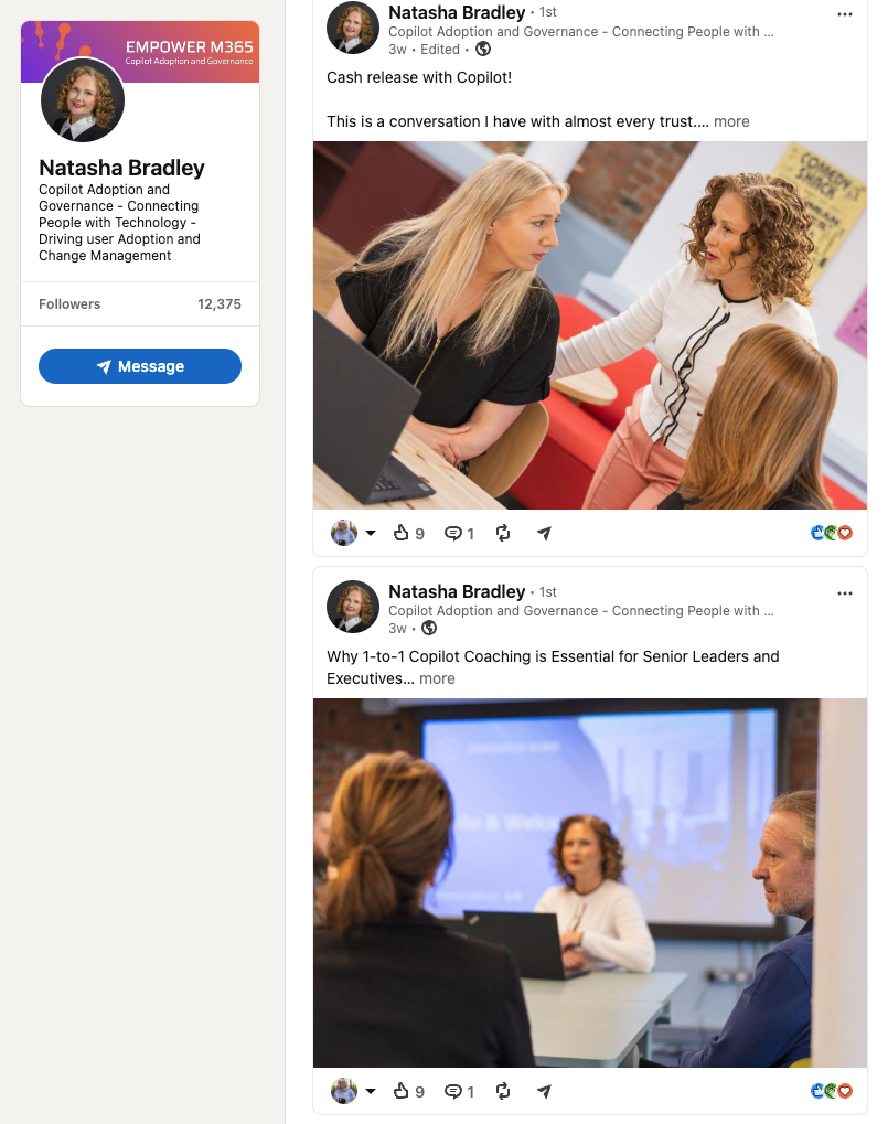 LinkedIn profile of Natasha Bradley, Copilot Adoption specialist, showing posts about Copilot coaching for senior leaders.