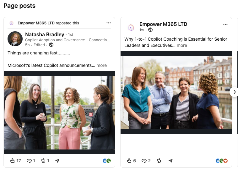 Group of professionals smiling outdoors, featured in Empower M365 LTD LinkedIn page posts about Microsoft Copilot coaching.