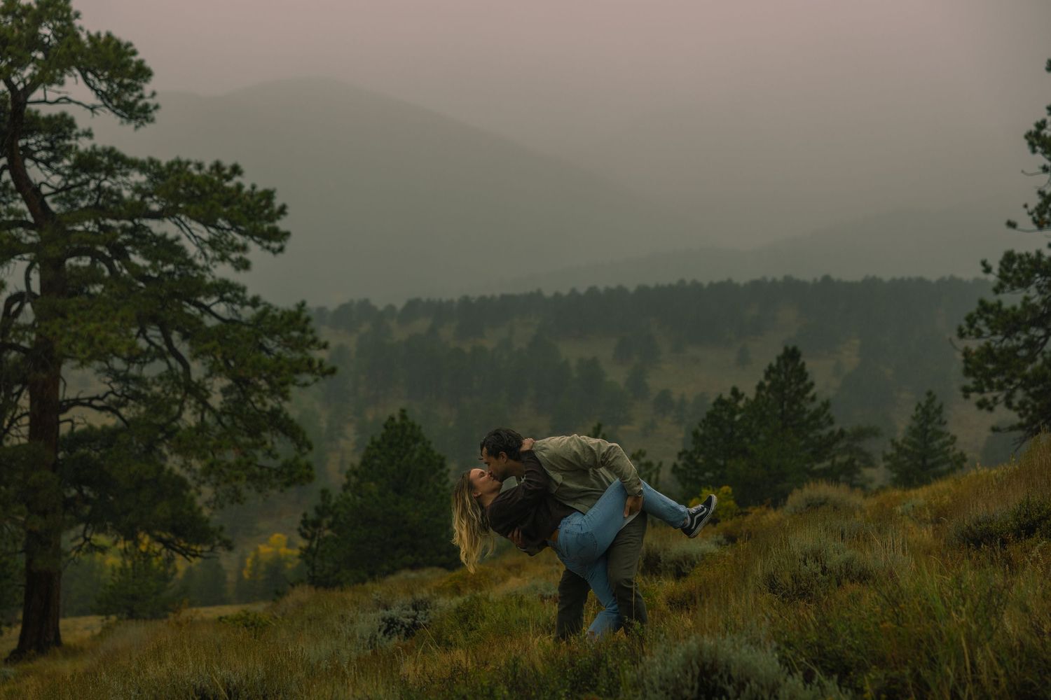 A series of panoramic views showing people hiking along a scenic mountain trail during sunset.