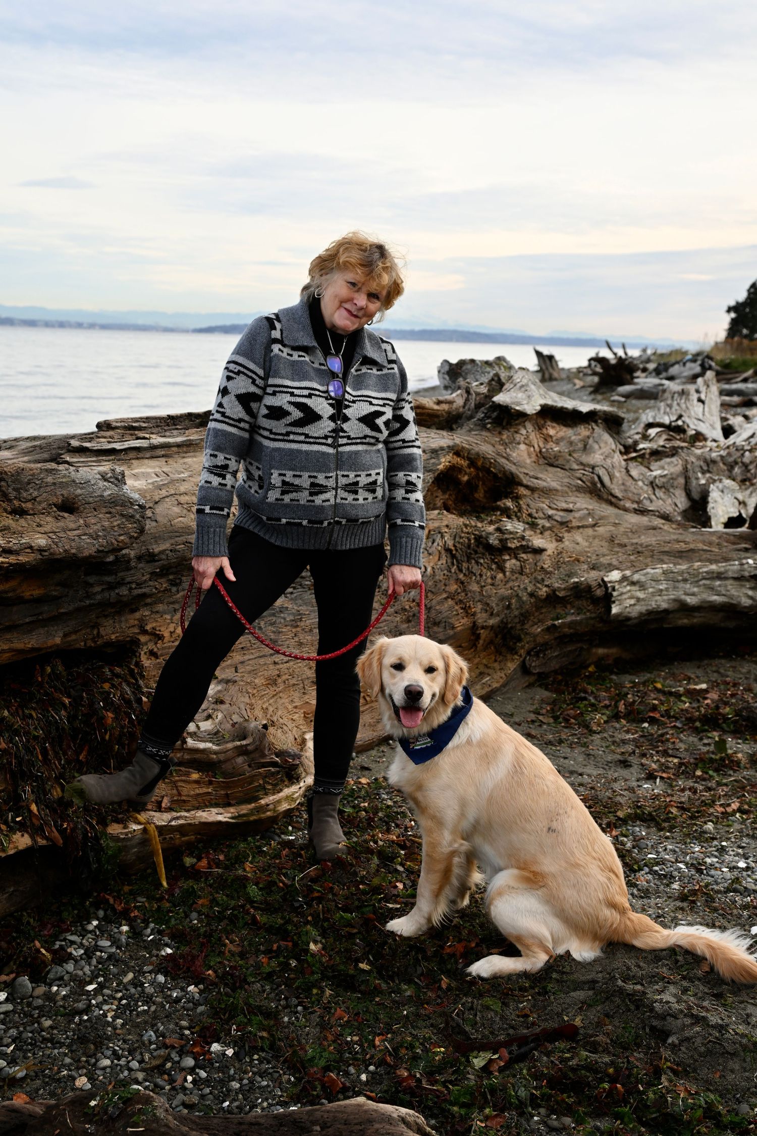 Family portrait session at Fay Bainbridge park on Bainbridge Island. WA. Ocean view with lady and golden retriever.