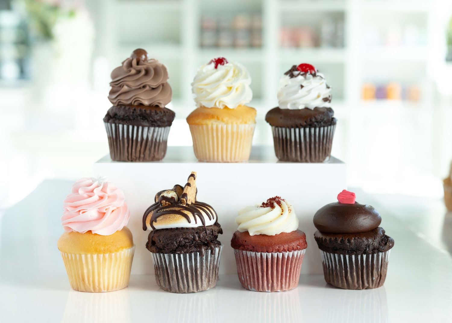 Assorted gourmet cupcakes with colorful frosting and toppings displayed in a row on white background.