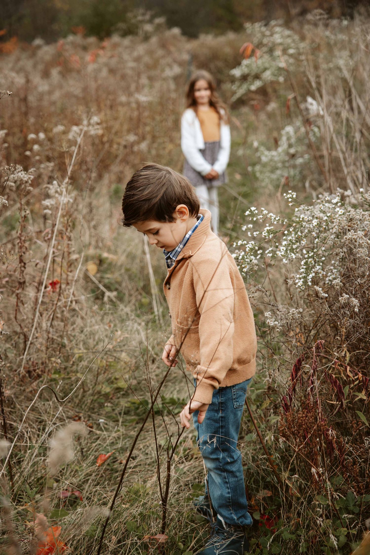 A scenic autumn photo session in a field of wildflowers and dried grass.