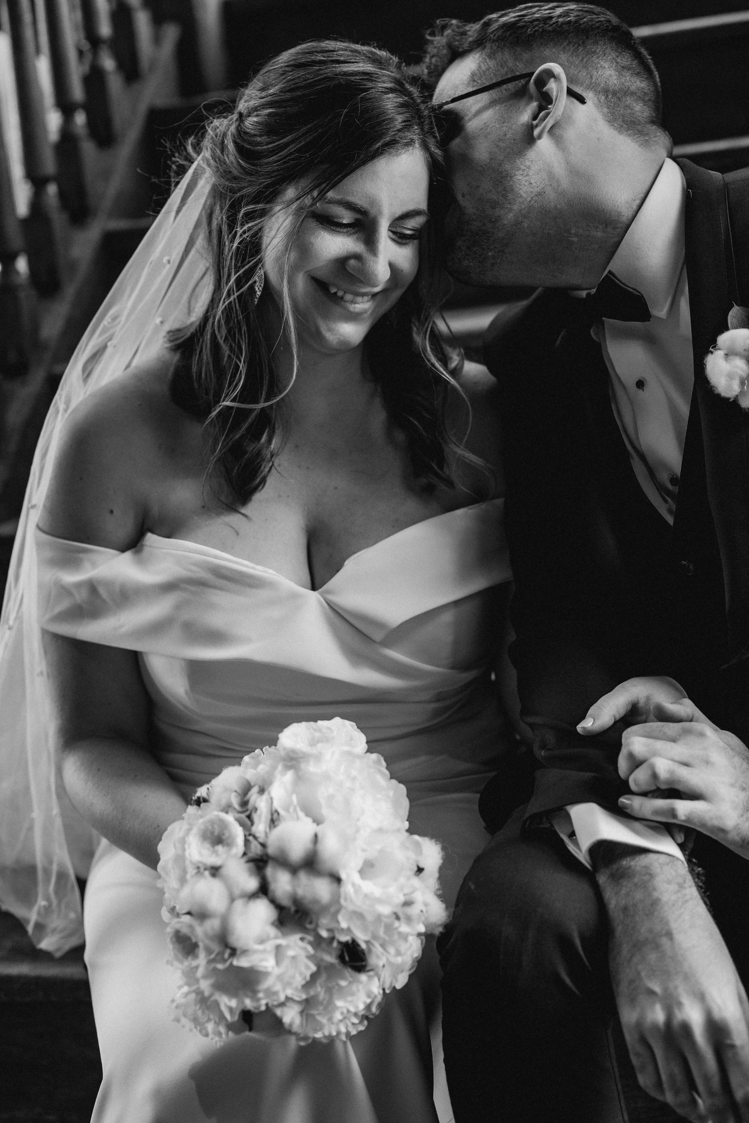 Black and white wedding photo sequence showing tender romantic moments between newlyweds with white floral bouquet.