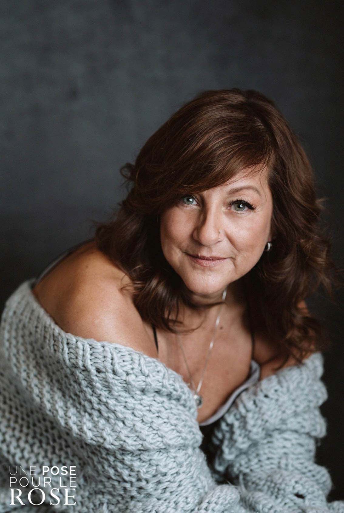 A series of artistic portrait photographs showing a person in a cozy white knit sweater against a dark gray background.